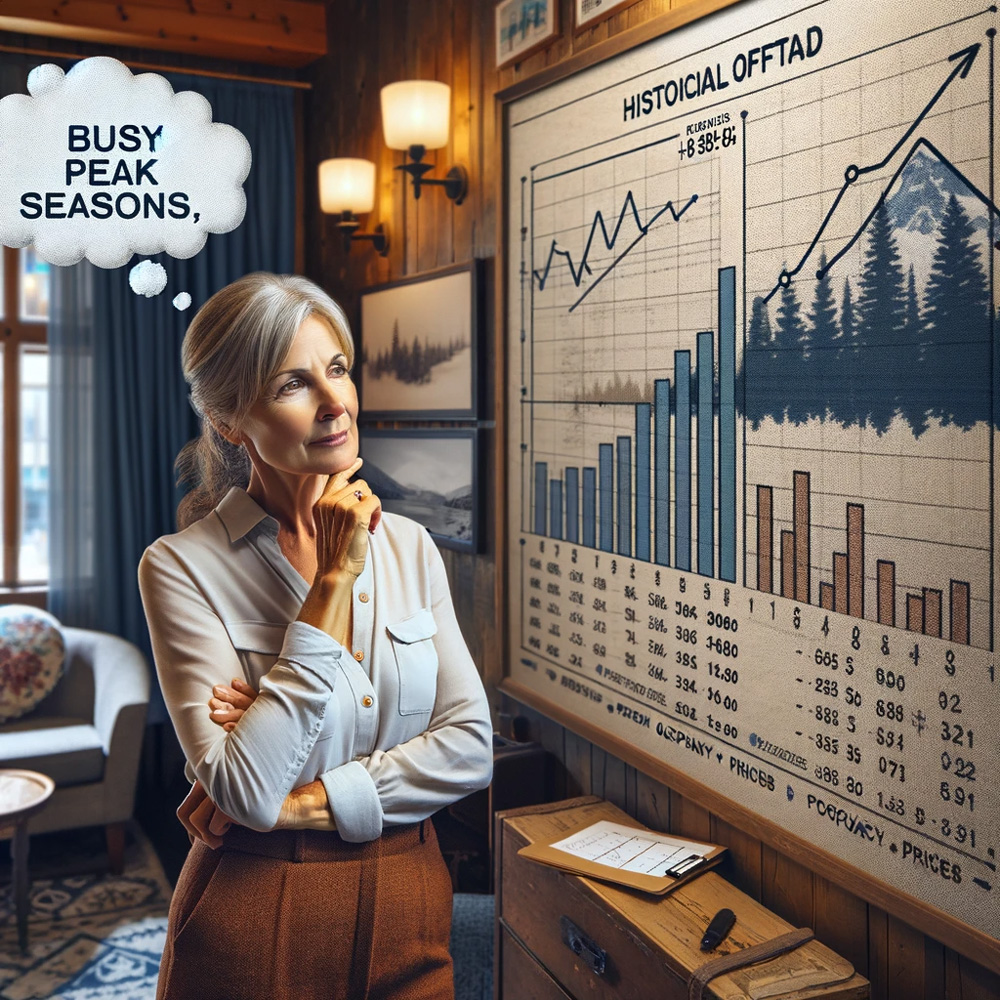 A middle-aged Caucasian woman standing in a cozy office of a motel in Banff, Canada, examining a large wall chart displaying historical data.